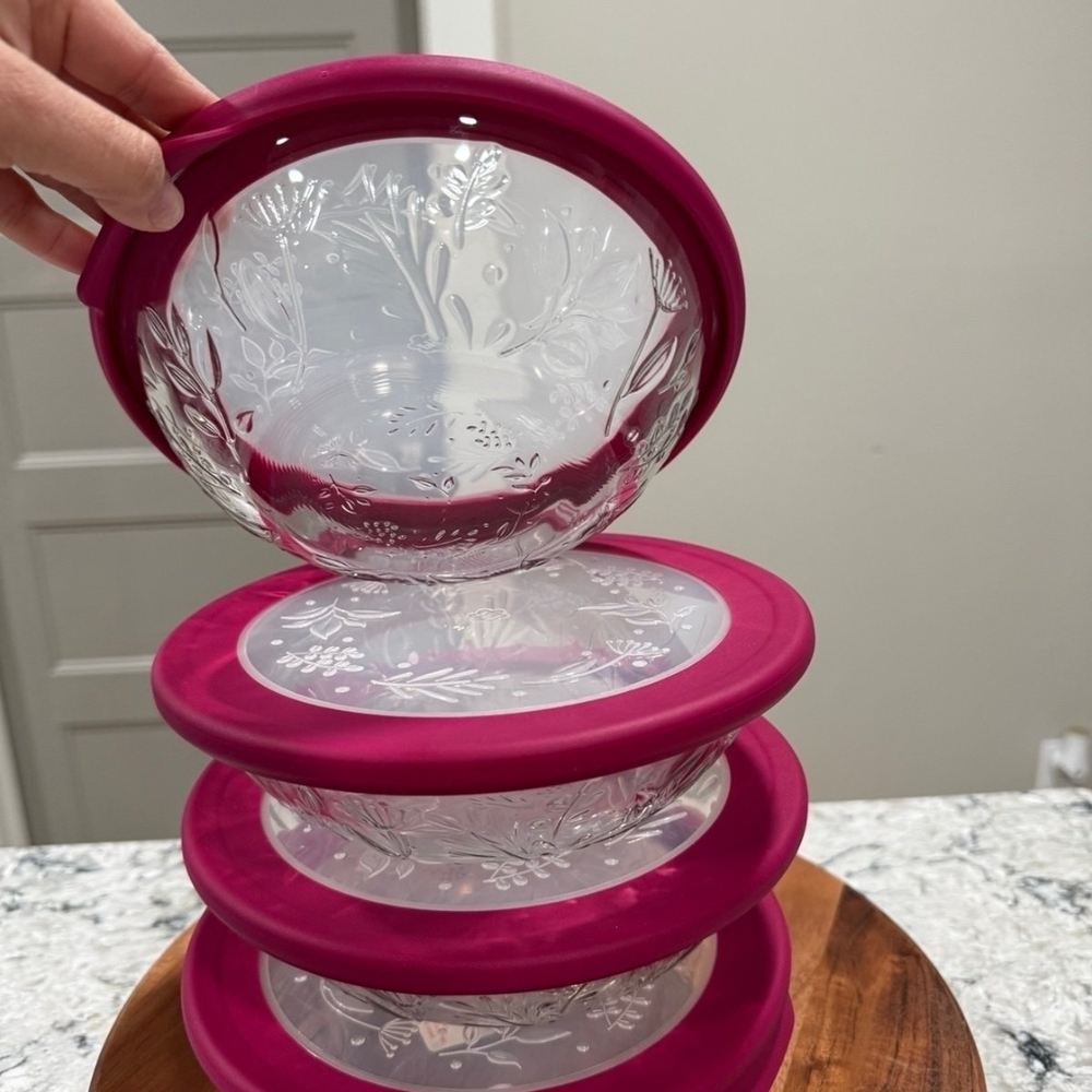 Princess House Glass Bowls with Burgundy Lids